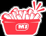 Red container of French fries with MJ logo and steam lines rising from the top