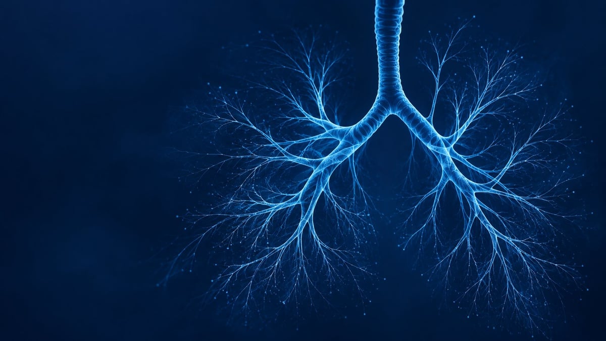 Ilustración digital de pulmones humanos con vías respiratorias ramificadas sobre fondo azul oscuro