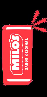 Red beverage can labeled Milo Sabor Original with white accent lines and red motion lines indicating excitement