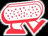 Red and white illustration of a strawberry with seeds on a pedestal with a checkmark symbol