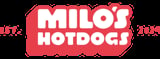 Milos Hotdogs logo in red and white with EST. 2024 text